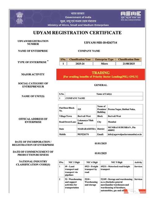 India Udyam registration certificate Word and PDF template, version 3